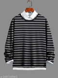 Black and white striped cotton blend slim fit polo t-shirt for men, long sleeves on display