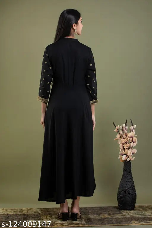 Black rayon embroidered Anarkali kurti by SMA Embroidery, three-quarter sleeve, stylish women's fashion with embellished detailing, India origin