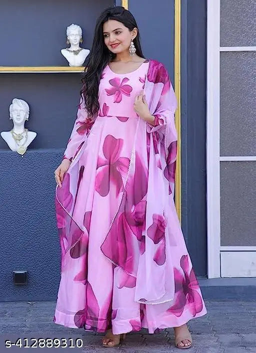 Purple Georgette Anarkali Kurta with flower print, full sleeves, and matching dupatta. Indian women's formal wear for elegant occasions