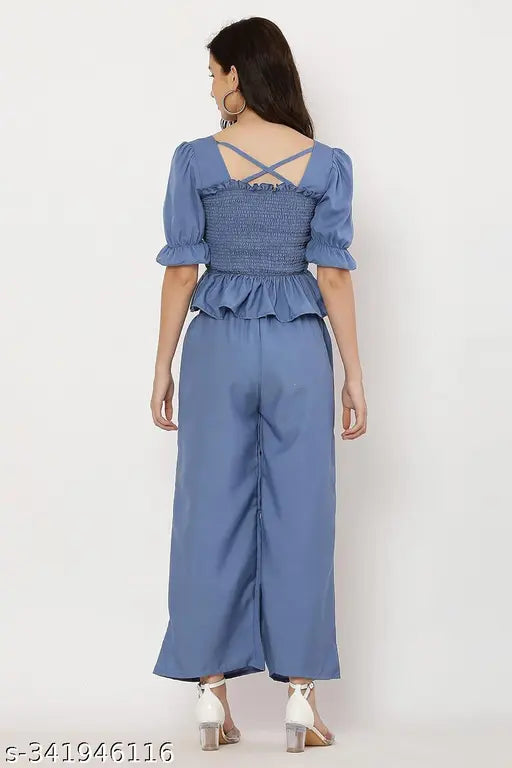 Stylish crepe jumpsuit, solid net, M (36in bust, 20in length, 28in waist), India-made, contemporary women's western wear