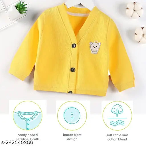 Yellow cotton blend baby sweater, front open V-neck cardigan for boys and girls, suitable for 6-12 months to 3-4 years