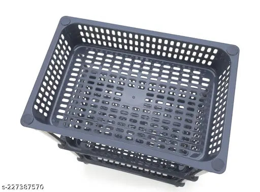 Grey plastic fruit and vegetable basket on tiered shelf