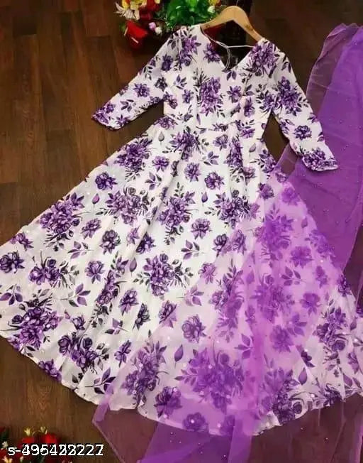 Georgette wine-tone printed dress with long sleeves and full net, elegant party wear for women