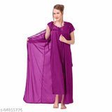 Blue satin nightwear set for women (4 pieces): Solid design robe, nighty, and top-bottom combo in soft satin fabric, made in India