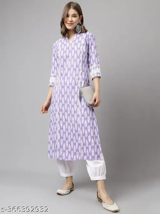 Light Purple Cotton ALine Kurta Set with Printed Floral Detail, Made in India