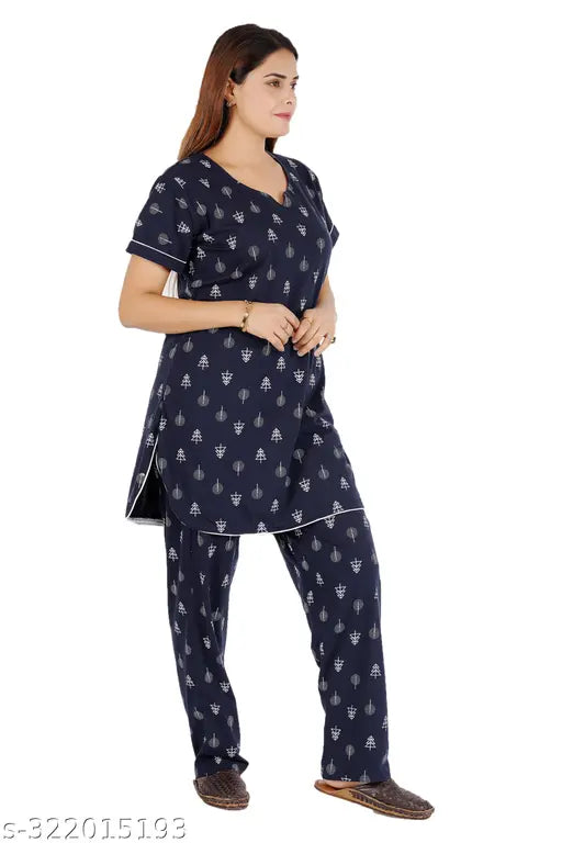 Rayon cotton night suit top and pyjama set with pocket, printed pattern, short sleeves, rayon fabric, comfortable and stylish bedroom wear