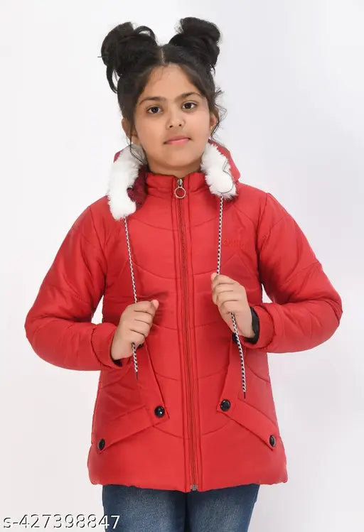 Red jacket with zip closure and pocket button, young girl wearing, styled hair
