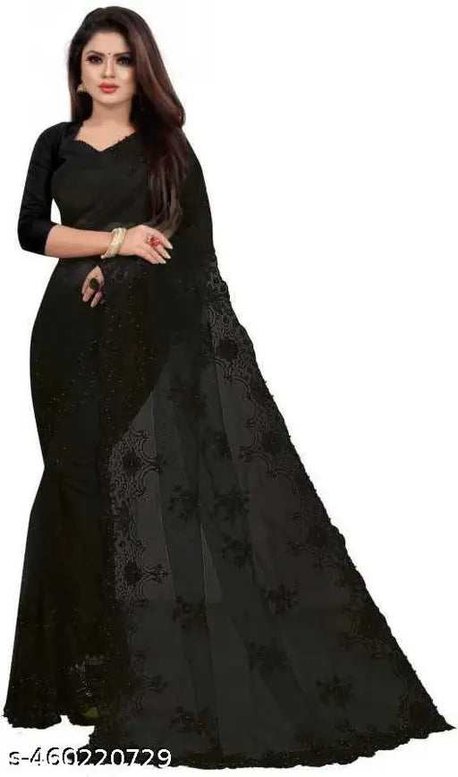 Black net embroidery saree with separate silk blouse, intricate embellishments on Indian free-size saree (length 5.5m, blouse length 0.8m)