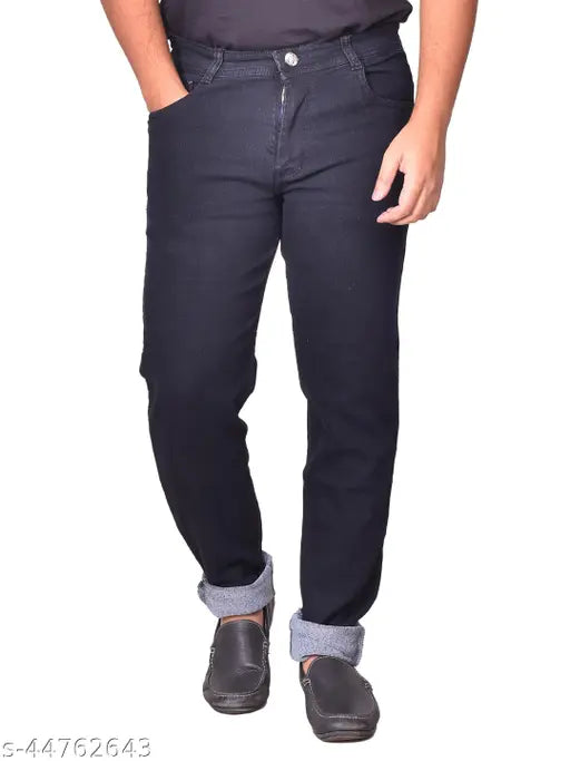 Men's solid denim stretch jeans, durable and comfortable with pocket availability. Perfect for casual, party, or office wear, available in sizes 28-42 (waist: 28-38, length: 42 inches), made in India