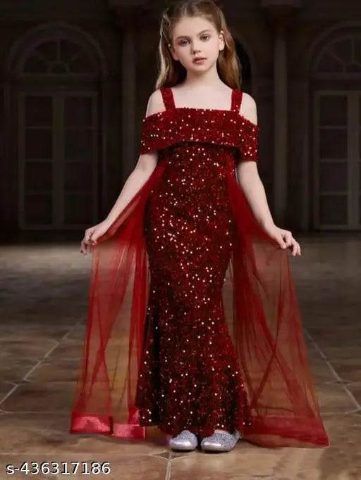 Red sequin mermaid formal dress with mesh insert at waist, long sleeves, v-neck, knee-length skirt
