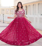 Georgette Anarkali gown for women, short sleeves, self-design, S (Bust 36in, Shoulder 14in)