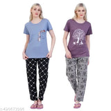 Women's cotton blend nighsuit set - pack of 2, short sleeve nightwear for women with matching bottom shorts, available in sizes S to XXL. Made in India