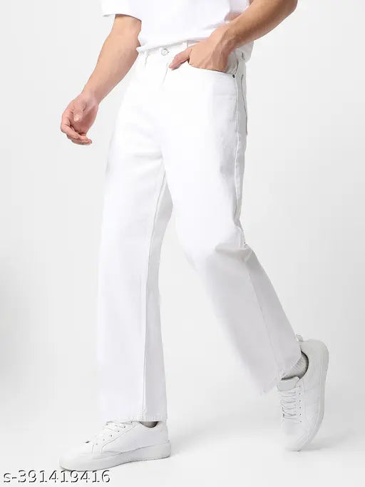 Urbano Fashion men's white non-stretchable denim loose fit jeans, size 28/30/32/34/38/40 on display