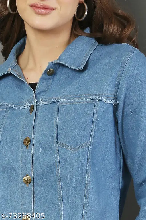 Stylish denim jacket for women, solid color, long sleeves, size S (17in bust, 16in waist, etc.) - Indian-made fashion accessory on hanger