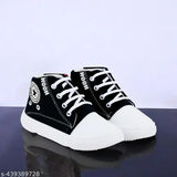 Black and white running shoes with black laces, designed for boys and girls