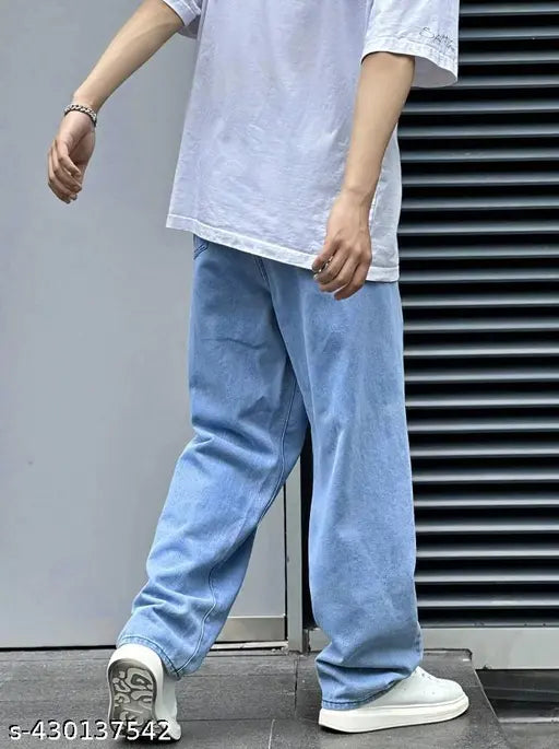 Light blue denim Men's baggy jeans by Malek Store - Comfortable, loose fit, vintage-inspired casual pants. (Size: 32, waist 32in, length 42in, hip 42in. Made in India)
