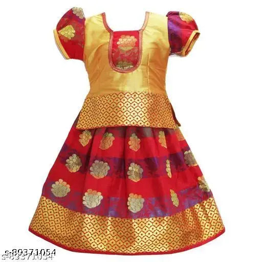Cotton-silk Madhura Pattu Pavadai with waist belt, floral design, for kids 6 months to 8 years, Indian traditional wear