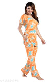 Women's polyester night suit with pocket, featuring short-sleeved t-shirt style top and pyjama bottoms. Available in L (Top Bust 36", Top Length 30", Bottom Waist 28", Bottom Length 39"), XL (Top Bust 38", Top Length 30", Bottom Waist 30", Bottom Length 39"), and XXL (Top Bust 40", Top Length 30", Bottom Waist 32", Bottom Length 39"). Made in India
