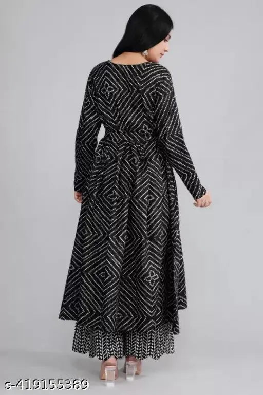 Fancy elegant rayon printed Anarkali with Palazzo set, viscose rayon kurta and bottomwear in various sizes for women, Indian traditional style on mannequin