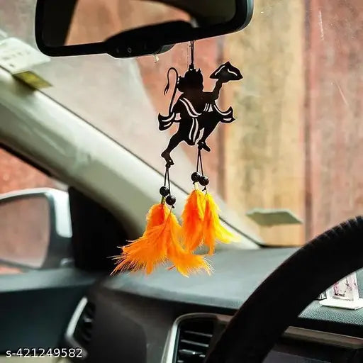 Handcrafted Lord Hanuman eco-friendly dream catcher, peaceful driving accessory with feathers & beads, spiritual protector for car interiors