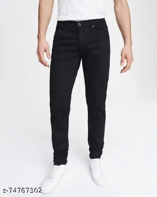 Basic black denim, slim fit cotton jeans for casual wear and parties. US Casual Basic Black Denim - 98% Cotton + 2% stretchable fabric, size 32 (waist 32in, length 37in, hip 38in), India origin