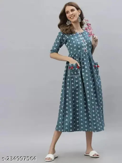 Women's dobby cotton pocket pleated kurti, printed combo, short sleeves, XS-XXL. Indian handcrafted, front pocket detail