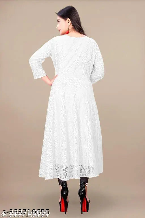 Anarkali net gown with three-quarter sleeves, self-designed, embroidered Indian wedding/party wear for women (S-XXL)