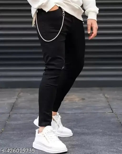 Mens slim fit black jeans with chain detail