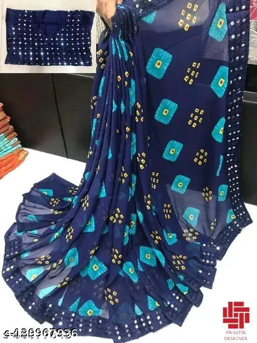 Blue embroidered mirror bordered sari, silk material