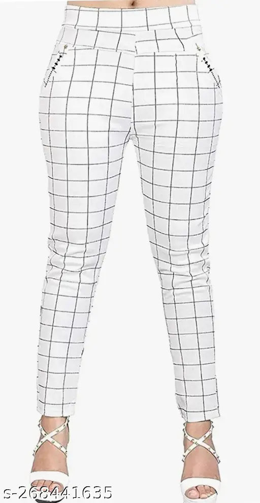 White and brown checkered Lycra jeggings combo for women with double pockets, designed for comfort and style