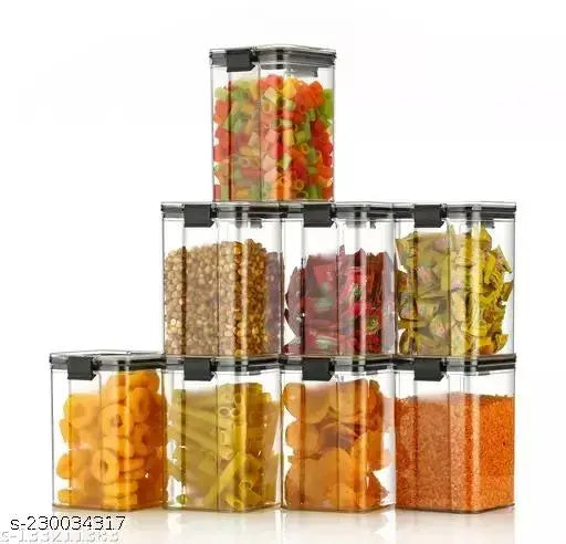 Clear 8-piece airtight food storage containers with locking lids, perfect for fridge organization.