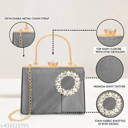 Black leather clutch with a round frame and diamond accents, evenings, fashion accessories