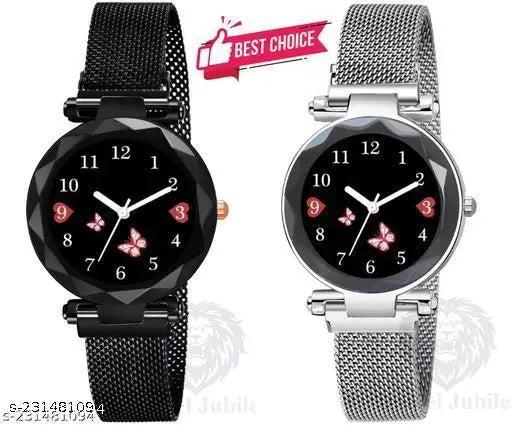 Analog watch with butterfly and heart design, stainless steel case, silver band, black face, new model