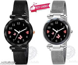 Analog watch with butterfly and heart design, stainless steel case, silver band, black face, new model