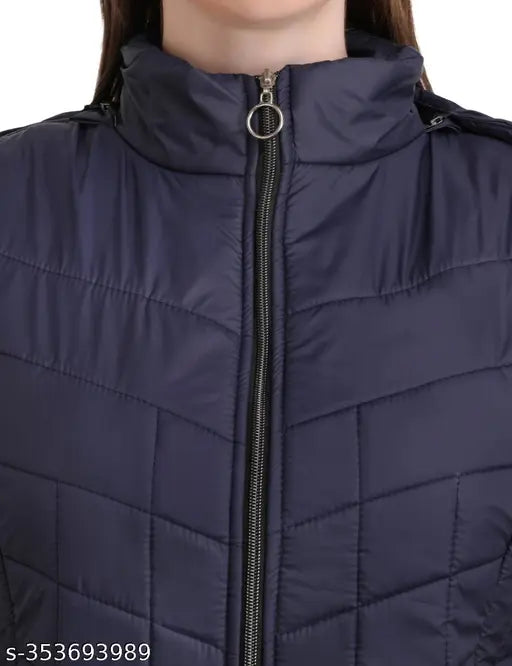 Navy nylon sleeveless fashionable jacket with fur for girls and women