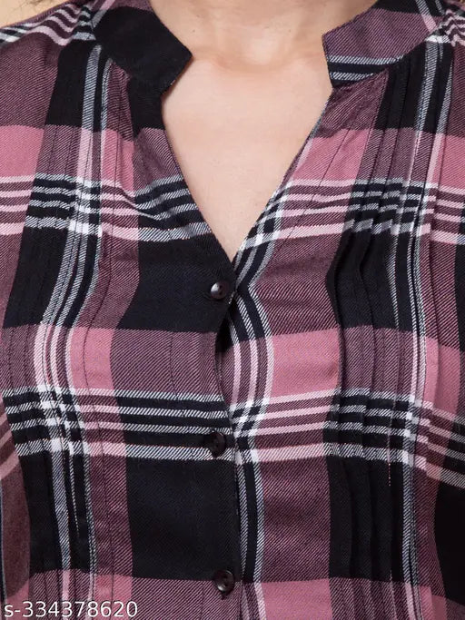 Black checkered cotton tunic by Hive91, 34" length, three-quarter sleeves, mandarin collar, button front closer - Indian women's fashion accessory