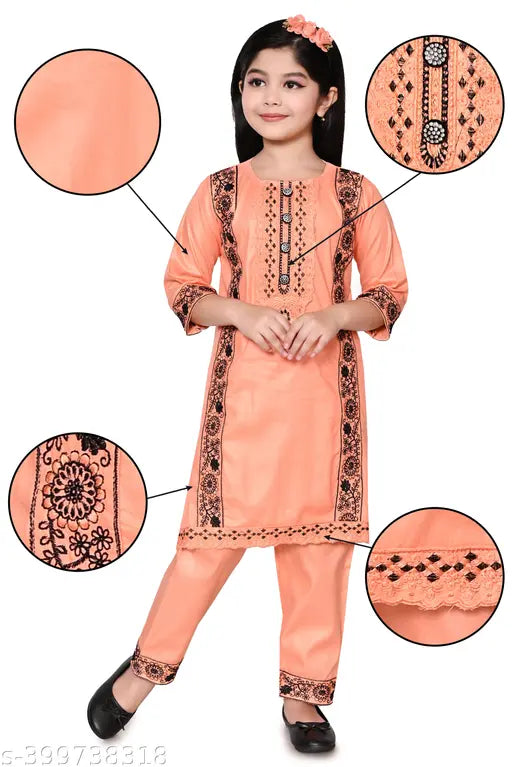 Urban Youth Rayon Embroidered Kurti Pant Set for Girls - Front Button Look, A-line trousers, three-quarter sleeves