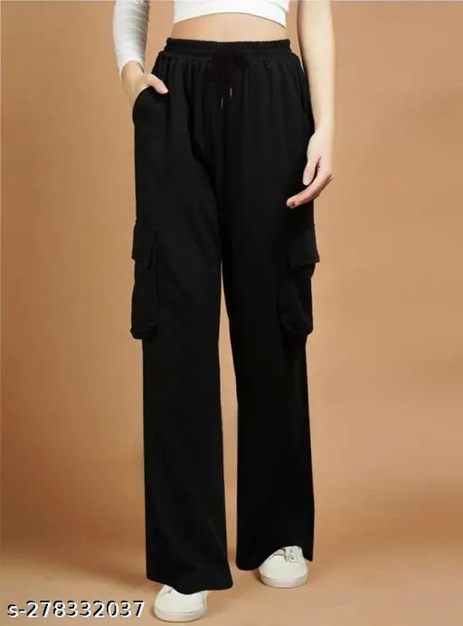Black women's cargo pants with multiple pockets, elastic waistband