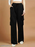 Black women's cargo pants with multiple pockets, elastic waistband