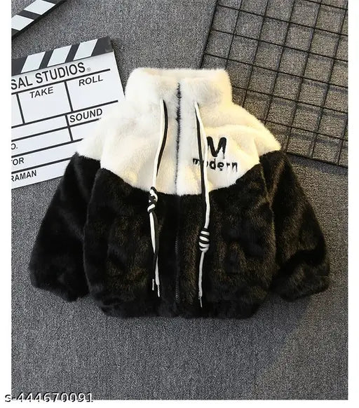 Black and white fur lining, hooded sweatshirt with a graphic on the front