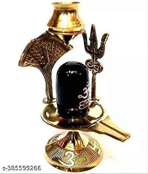 Brass-stand Shivling with Kalash, intricate metal sculpture, Indian religious artifact, 8cm x 10cm x 6cm