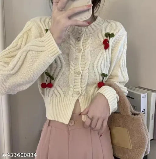 Imported wool winter cherry cropped cardigan sweater, self-design/knitted, long sleeves, cream color, stay warm and stylish this winter
