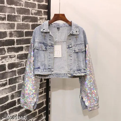Denim sequins Unicorn patch jacket, embellished net on long sleeves, casual jacket in denim, Indian-made