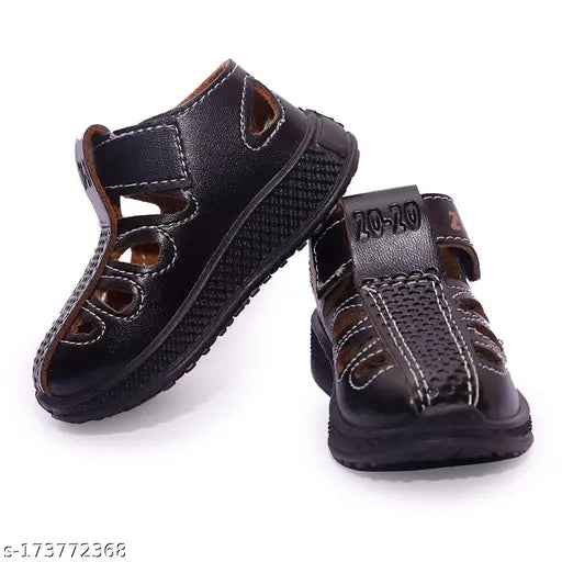 Black synthetic leather sandals for kids, water-resistant and adjustable for comfort in summer play