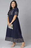 Dark Blue Poly Crepe Plus Size Kurta: Printed combo, short sleeves, flared silhouette - ideal for casual & festive events
