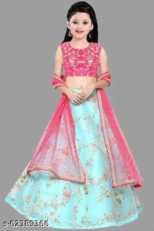 SkyPink Dupion Silk Kids Lehenga Choli with net dupatta and sleeveless top, embroidered design, India origin