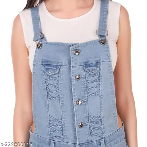 Sleeveless, stretchable slim fit denim dungaree for women, solid print, high-quality Indian-made denim