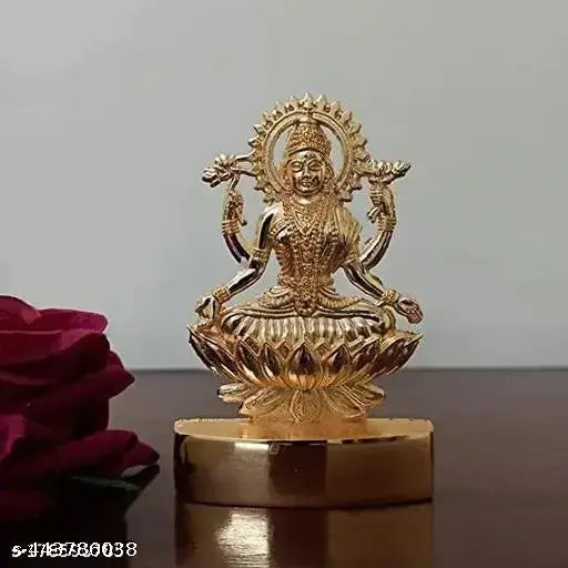 Gold-toned brass Lakshmi idol, traditional Diwali puja statue, 7cm x 11cm x 1cm