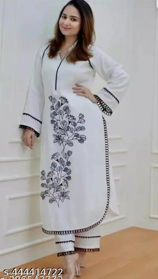 Printed viscose rayon kurti pant with long sleeves, embroidery work on Indian bottomwear
