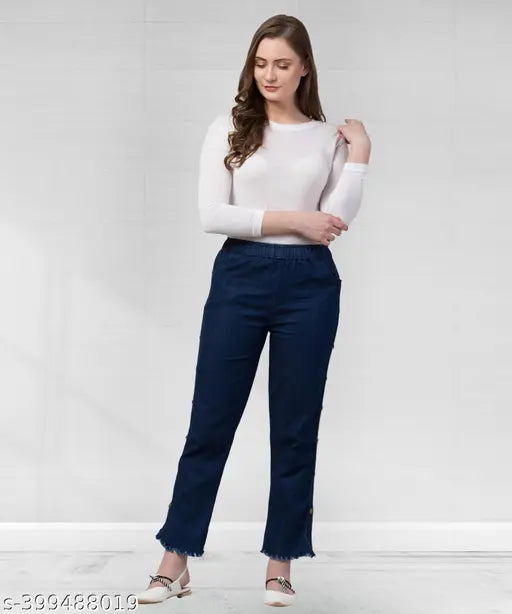 Dark blue stretchable side buttoned mid-waist women's high-rise jeans